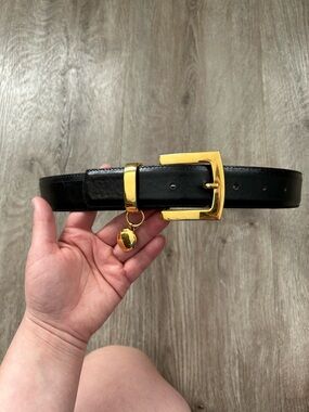 Vintage Black Leather Belt with Gold Buckle and Charm